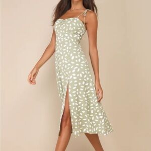 Lulus - Party in Paris Sage Green Print Tie-Strap Midi Dress - M